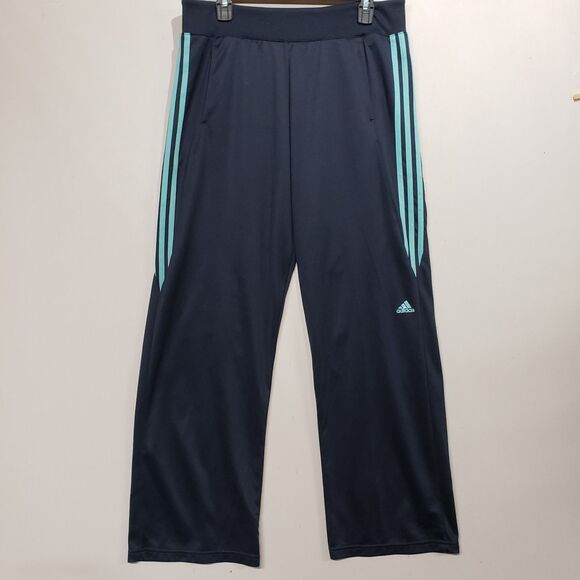 Adidas Wide Leg Pants Navy Blue w Teal Stripes Basketball Soccer Womens Large - Picture 1 of 9